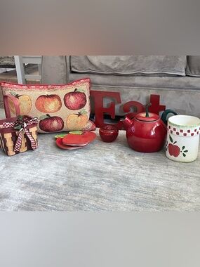 Apple Kitchen Decor Bundle 🍎 Teapot Plates Pillow Basket Farmhouse Red